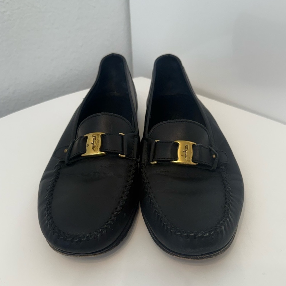 Salvatore Ferragamo Black Leather Loafers with Gold Buckle size 91/2